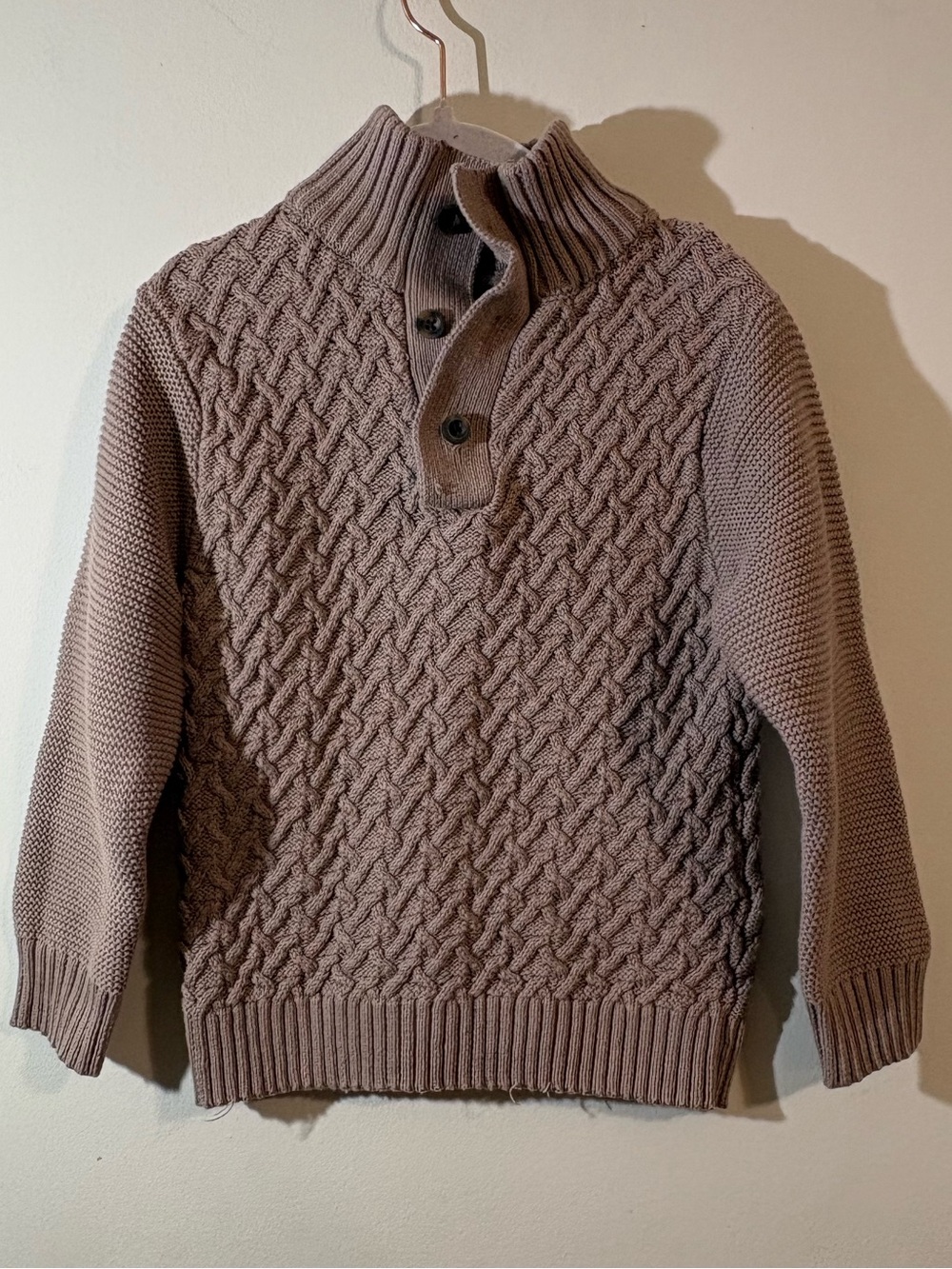 Gioberti boy's size 5 mock neck sweater 
twisted cable knit three-button Taupe
